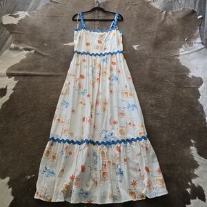 CeCe Cream Maxi Dress with Blue Trim and Coral-Orange Print